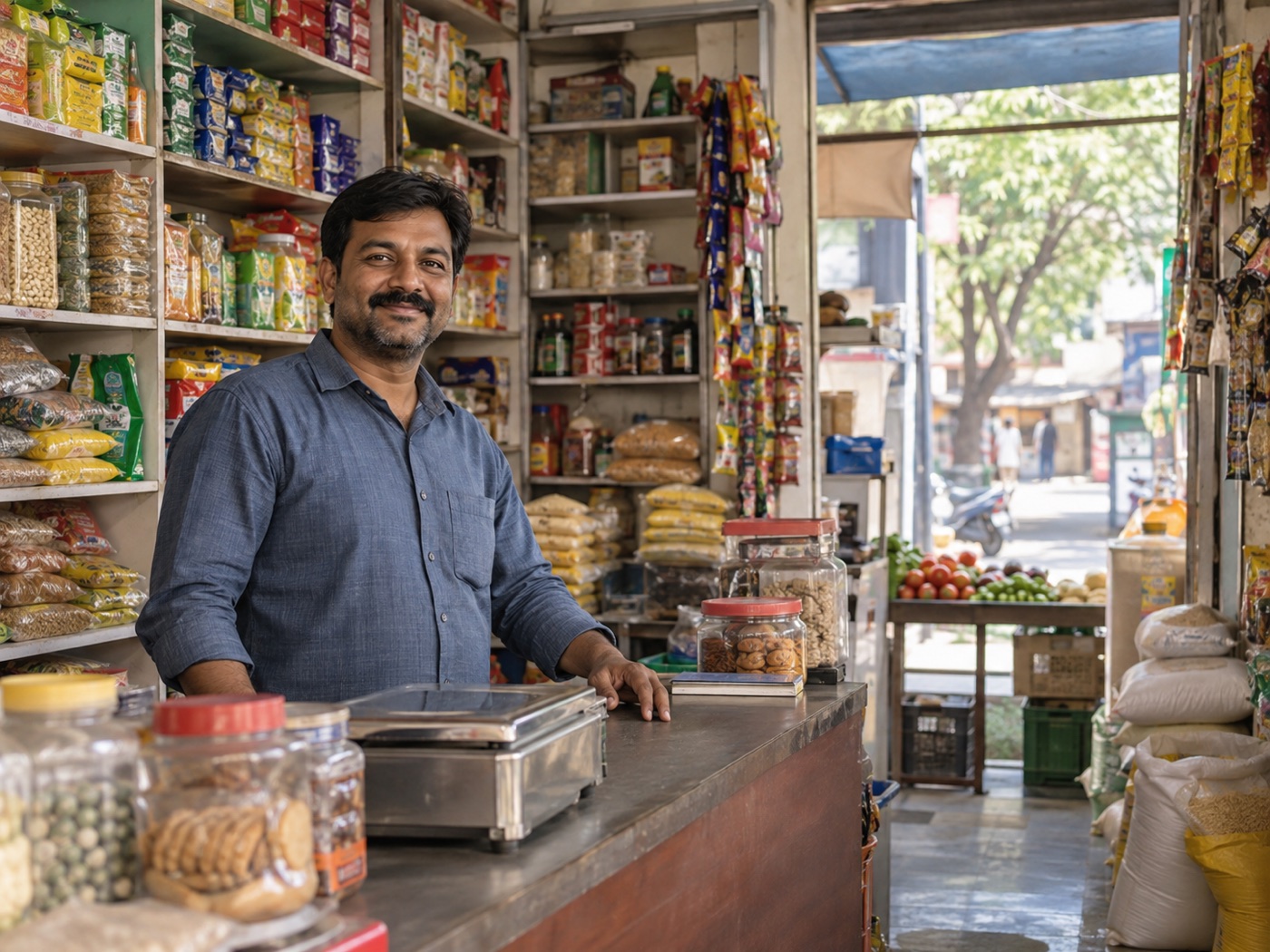 Illustration of a neighbourhood Indian grocery shopkeeper behind his counter